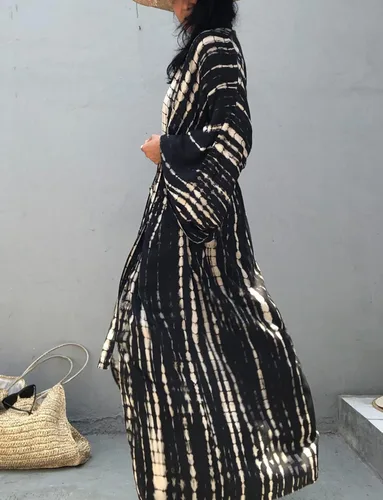 Vista 3 de Cárdigan largo tipo kimono con cinturón para mujer, con parte delantera abierta, teñido anudado