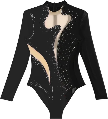 Vista 15 de iiniim Leotardo de malla para mujer, con diamantes de imitación, de malla, de manga larga, leotardos de gimnasia