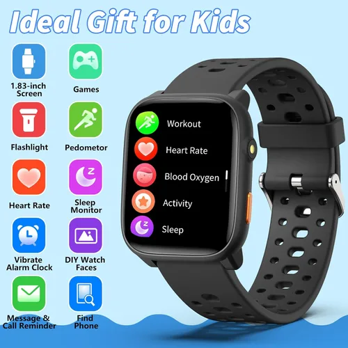 Vista 2 de Reloj inteligente para niños con juegos de rompecabezas, 1.83 pulgadas, frecuencia cardíaca, monitor de sueño, podómetro, reloj despertador