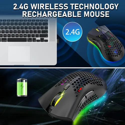 Vista 2 de Ratón inalámbrico ligero para juegos con 7 botones, retroiluminación RGB múltiple, carcasa ergonómica perforada, sensor óptico ajustable, DPI