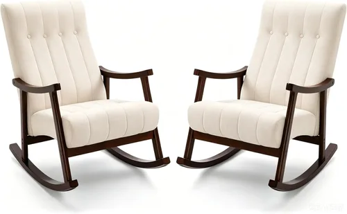 Vista 14 de AVAWING Silla mecedora tapizada con asiento acolchado de tela, cómoda balancín de madera maciza para sala de estar, silla moderna de respaldo alto