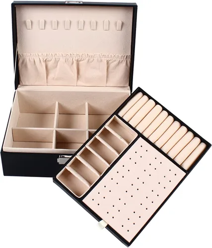 Vista 3 de SHZICMY Joyero para mujeres y niñas, 2 capas de piel sintética, organizador de joyas con cerradura con bandeja extraíble, soporte de exhibición