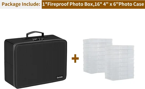 Vista 2 de DocSafe - Caja de almacenamiento de fotos con cerradura, caja organizadora de fotos ignífuga con 16 fundas interiores de 4 x 6 pulgadas Transparente