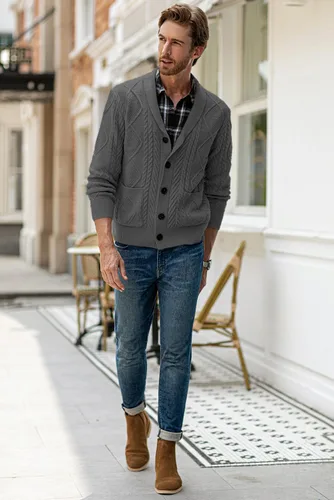 Vista 8 de JMIERR Suéter casual de manga larga con cuello de chal y botones para hombre con bolsillos