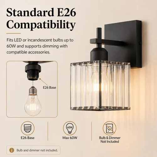 Vista 4 de Aplique de pared moderno negro, luminaria interior cableada de 1 luz con casquillo de cerámica E26 para dormitorio, pasillo, sala de estar