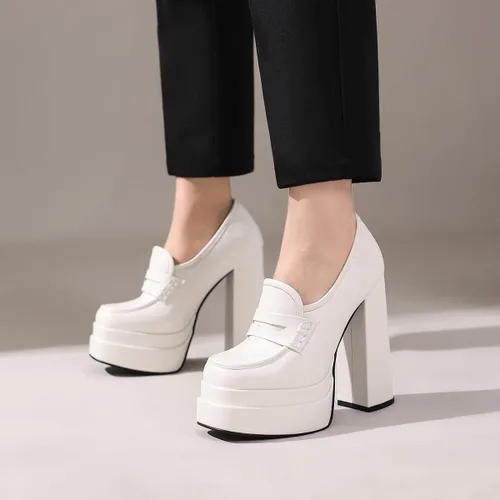 Vista 2 de SIFINELAR Tacones de plataforma para mujer, tacón grueso, mocasines, zapatos de oficina