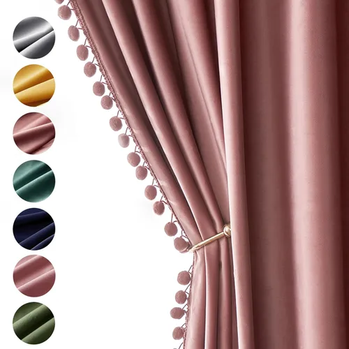 Vista 18 de MIULEE - Cortinas de terciopelo con pompones amarillo mostaza para habitación/sala de estar, cortinas opacas para otoño, aislantes térmicos, de 84