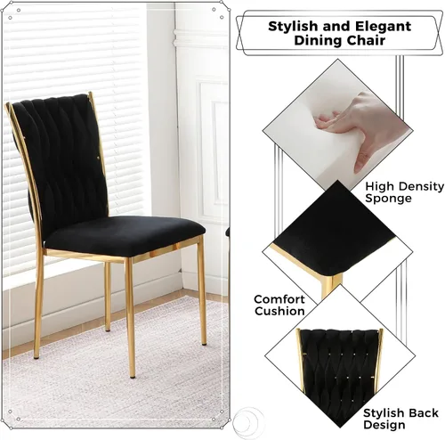 Vista 4 de Juego de 2 sillas de comedor de terciopelo, modernas sillas de cocina tejidas con patas de metal dorado, cojín tapizado con respaldo alto
