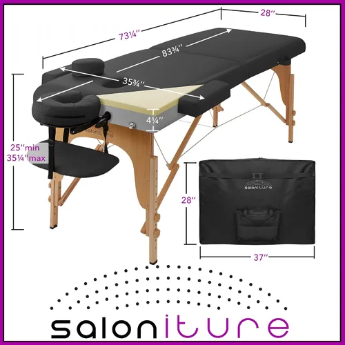 Vista 6 de Saloniture Mesa de masaje plegable de espuma viscoelástica profesional, portátil con funda de transporte, color negro