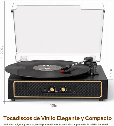 Vista 10 de Tocadiscos de vinilo retro con altavoces, control de graves/agudos