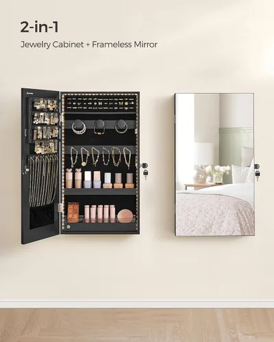 Vista 3 de SONGMICS Armario de joyería con espejo con luces LED integradas, organizador de almacenamiento de joyas montado en la pared o en la puerta, 3.8 x