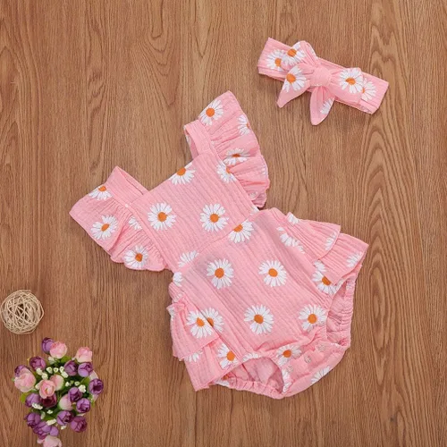 Vista 3 de Bebé Niñas Impresión Margarita Algodón Lino Volantes Sin Mangas Mameluco Mono Mono con Headaband Ropa Infantil Verano