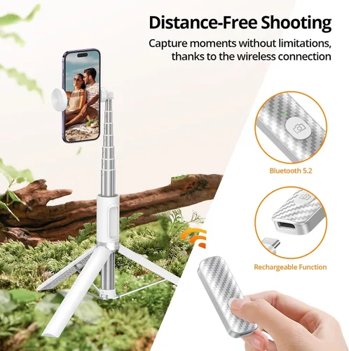 Vista 2 de ATUMTEK Trípode selfie stick de 55 pulgadas, trípode extensible todo en uno para teléfono con control remoto Bluetooth recargable para iPhone, Blanco