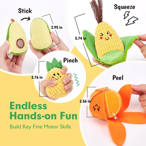 Vista 3 de Hahaland Juguetes sensoriales para bebés - 16 piezas Mi primera fruta Verdura Clasificación de color de alimentos de juego crujiente, sonajero
