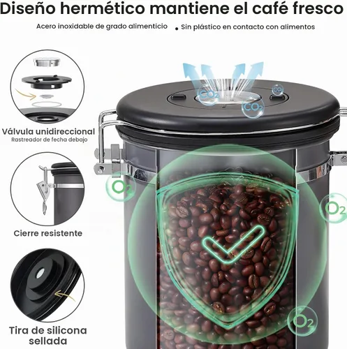 Vista 3 de Veken - Recipiente hermético para café de acero inoxidable, contenedor de almacenamiento de alimentos para la cocina con registro de fecha y cuchara