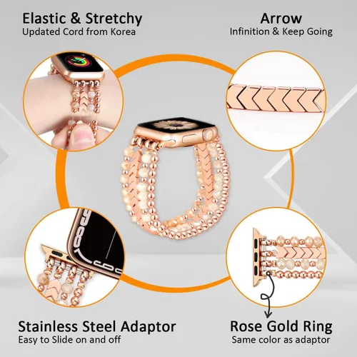 Vista 3 de fastgo - Correa de pulsera con cuentas compatible con Apple Watch de 45mm/44mm/42mm/49mm, para mujer, serie 7, correa elástica de moda para iWatch