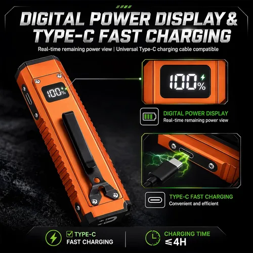 Vista 4 de EDC - Linterna plana recargable, LED blanco UV y luz verde (naranja)