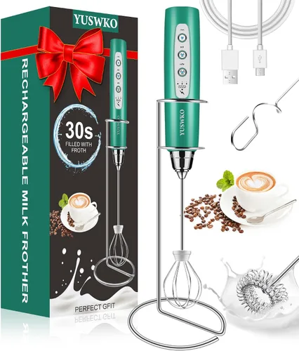 Vista 19 de YUSWKO Baby Blue - Varita espumadora de leche de mano para café, batidor eléctrico recargable con 3 cabezales, 3 velocidades, mezclador de bebidas