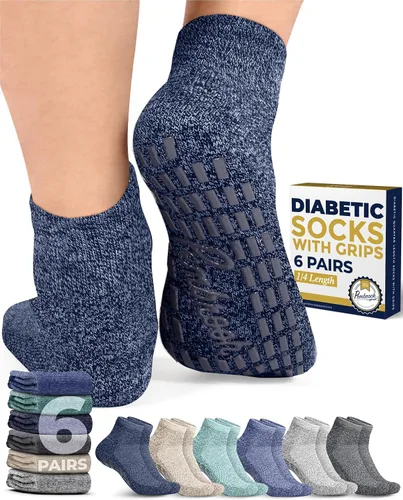 Vista 13 de Pembrook 6 pares de calcetines tobilleros diabéticos para hombres y mujeres con agarres, calcetines de neuropatía de 12 colores para hombres