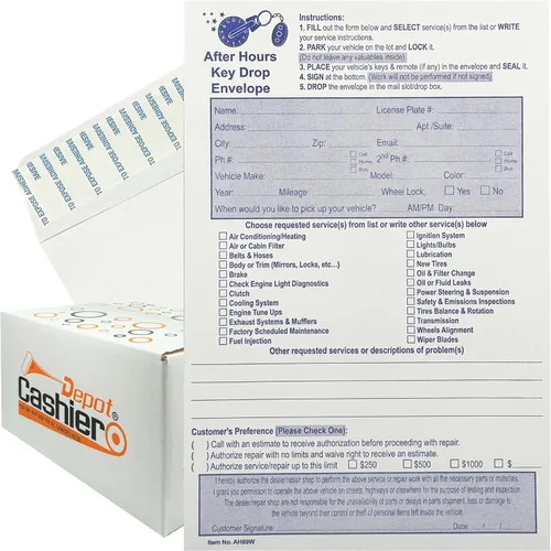 Vista 5 de 100 Cashier Depot - After Hours Key Drop Envelopes AH69W, 6" x 9", White 28lb Paper, Open End, Night Drop Service Envelopes for Auto Repair Shops