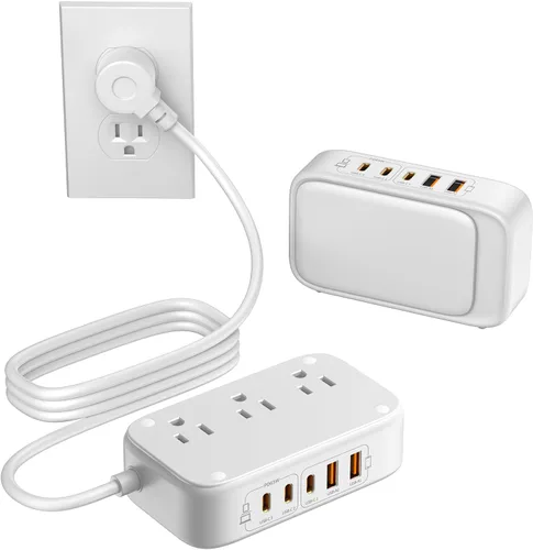 Vista 11 de Regleta de alimentación 7 en 1, regleta de alimentación PD USB C de 85W con 3 USB-C, 2 puertos USB-A y toma de corriente AC de 2500W, enchufe plano