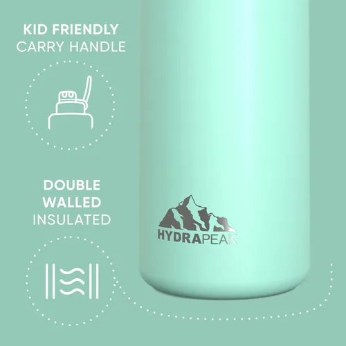 Vista 4 de Hydrapeak Mini botella de agua de 20 onzas con tapa con popote, aislamiento de doble pared de acero inoxidable Botella a prueba de fugas y Alpine
