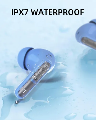 Vista 6 de Auriculares inalámbricos azules P1 PRO, auriculares inalámbricos Bluetooth con micrófonos de llamada clara, ajuste cómodo, IPX7 impermeable, batería