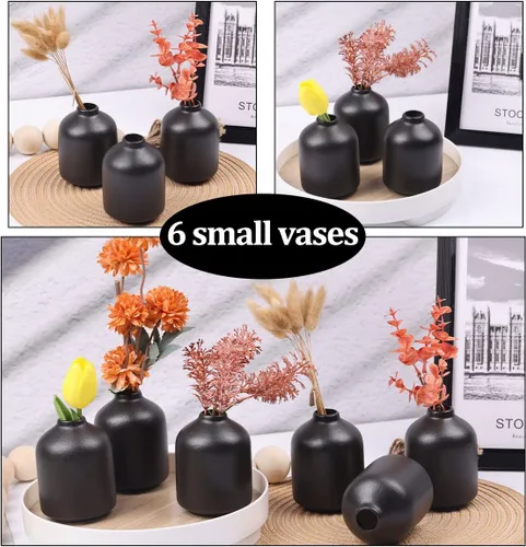 Vista 4 de Paquete de 6 jarrones bohemios, modernos jarrones de cerámica negra para decoración del hogar, centros de mesa de flores secas a granel, mini
