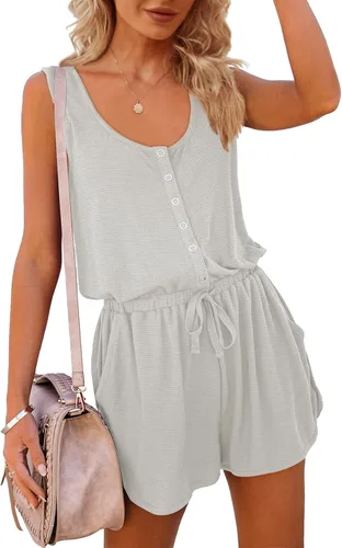 Vista 4 de Mafulus Overol de verano para mujer, con cuello redondo, sin mangas, con botones, cintura elástica, pantalones cortos con bolsillos