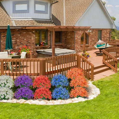 Vista 6 de 21 paquetes de flores artificiales para exteriores, resistentes a los rayos UV, flores falsas de plástico, plantas de seda sintética, decoración Azul