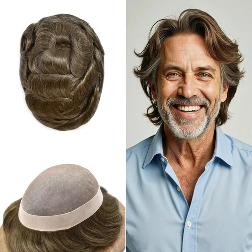 Vista 56 de Mens Toupee Hair Piece Real Human Hair Fine Mono Toupee para hombres Sistema de reemplazo de cabello para hombre Postizo Protesis Capilar Para