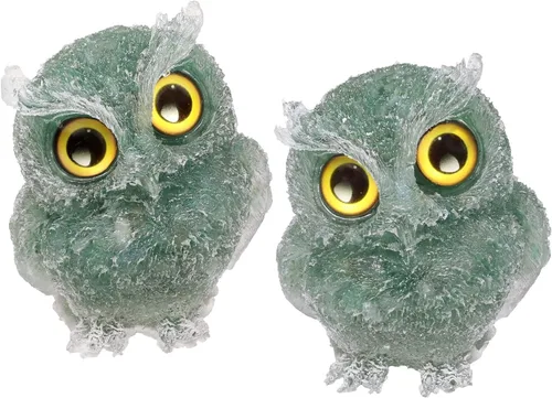 Vista 14 de TUMBEELLUWA Juego de 2 mini adornos de figura de búho de cristal de amatista, estatuas decorativas de búho de resina para mesa de oficina en casa