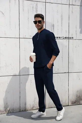 Vista 14 de FZNHQL Conjunto deportivo de moda para hombre, 2 piezas, casual, atlético, para correr, manga corta/larga, conjunto para hombre