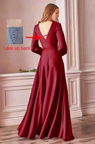 Vista 5 de DEUELANK Vestidos de dama de honor de manga larga con cuello en V vestido de graduación de satén con abertura línea A vestidos formales fruncidos