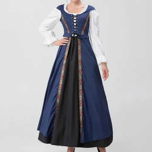 Vista 4 de Vintage Retro Costume for Women Renaissance Patchwork Long Sleeve Dress Square Neck Tunic Steampunk Long Dresses