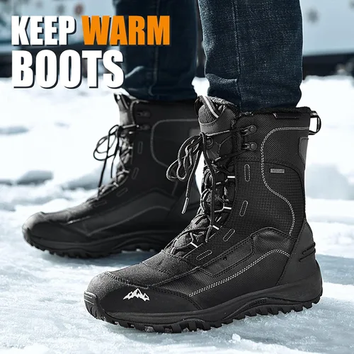 Vista 2 de Botas de nieve para hombre, impermeables, aisladas, de invierno, color negro, con forro de piel de goma, cálidas, ligeras, para exteriores, suela