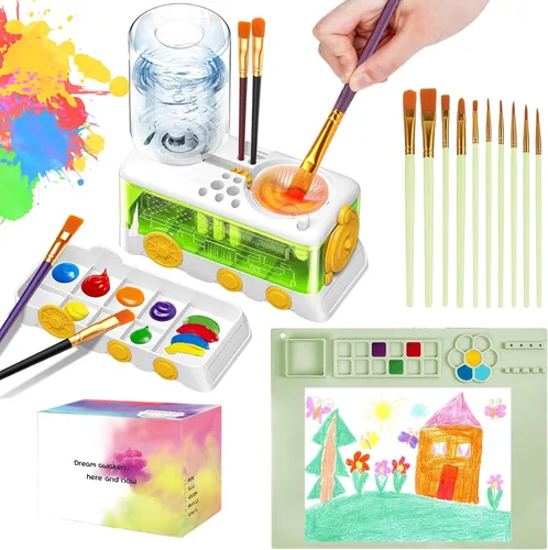 Vista 8 de Kit de limpieza de pinceles para niños con 5 pinceles, bata de arte, tapete lavable, guía, tarro limpiador de pinceles en espiral para acuarela