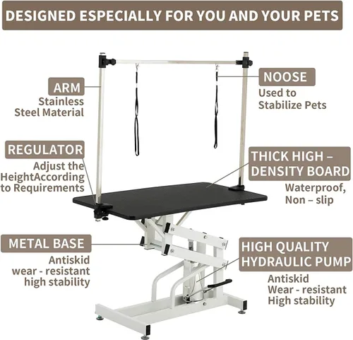 Vista 4 de Mesa hidráulica de aseo para perros pequeños y grandes, mesa profesional de aseo de mascotas resistente con brazo superior ajustable y soga, rango