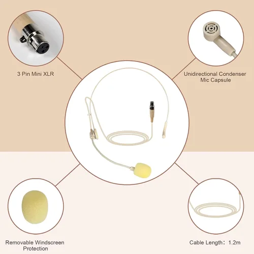 Vista 2 de Phenyx Pro Combo de micrófono de solapa y auriculares Lavalier beige con mini conector XLR, clip manos libres, auriculares flexibles con cable