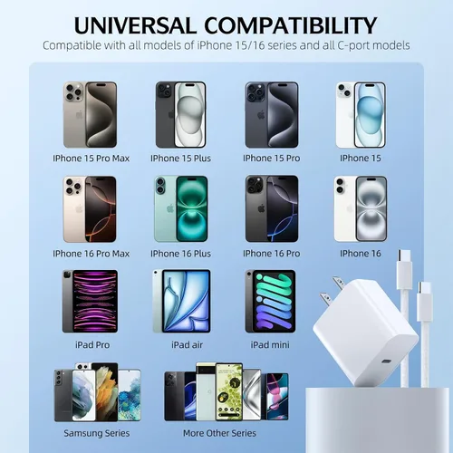Vista 3 de Cargador de carga rápida para iPhone 17 16 15, paquete de 2 cables tejidos USB C de 10 pies de largo con bloque de carga rápida USBC de 20 W