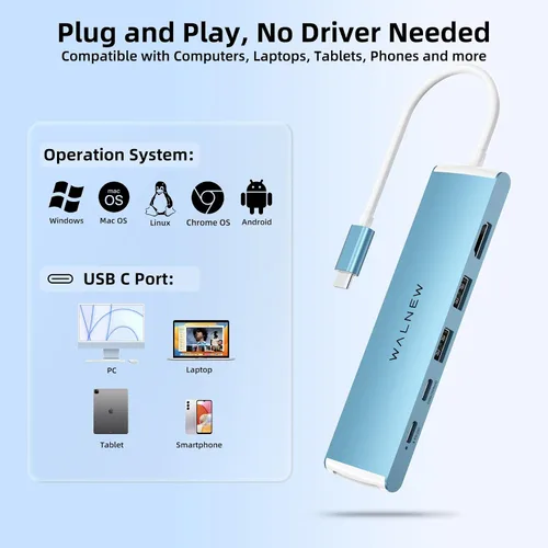 Vista 7 de WALNEW Hub USB-C 7 en 1 con HDMI 4K, 100 W PD, puerto de datos de 5 Gbps (1 tipo C y 2 USB 3.0), lector SD/TF, adaptador multipuerto Thunderbolt 4