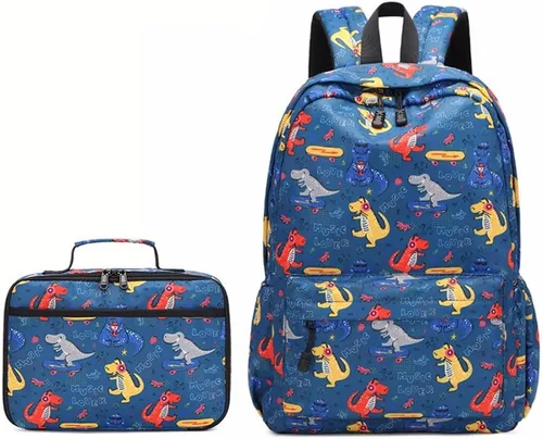 Vista 2 de Linda mochila de dinosaurio para niños, niñas preescolares con lonchera para jardín de infantes y escuela, juego de mochila para niños de 3 a 9