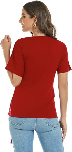 Vista 5 de LEIYEE Blusa de verano para mujer, cuello en V, manga corta, casual, linda, con nudo frontal