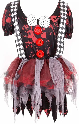 Vista 3 de Disfraz de payaso loco de Halloween - Vestido espeluznante de circo para mujer, Rojo