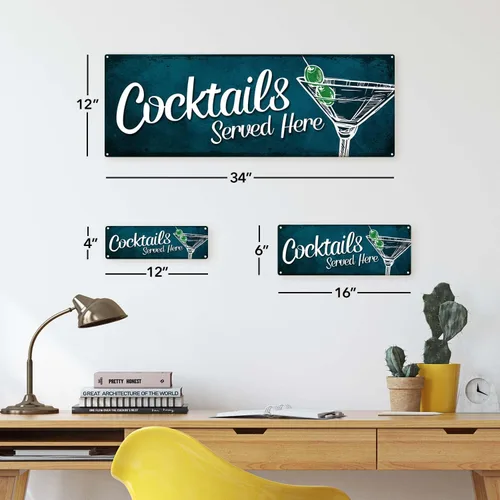 Vista 2 de Homebody Accents Cocktails Served Here 4"x12" Metal Sign, Indoor