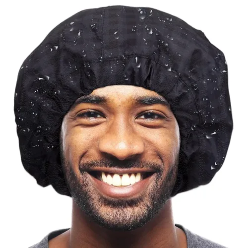 Vista 10 de Gorro de ducha para hombre, gorro de baño negro, reversible, con forro de rizo, grande, impermeable, ajustable, banda elástica, dobladillo elástico