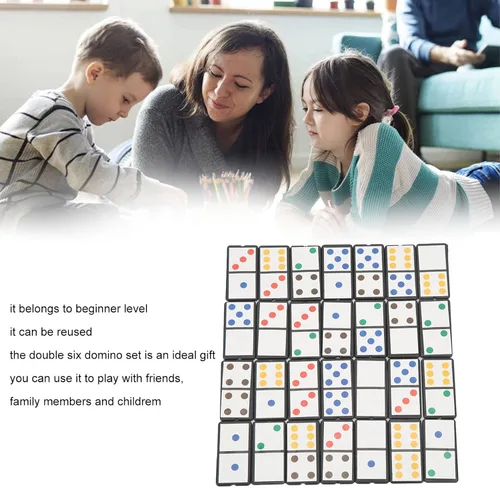 Vista 5 de Juego de dominó, juego de 28 piezas de dominó doble de seis juegos de dominó de plástico portátil, juego interactivo con puntos coloridos para niños