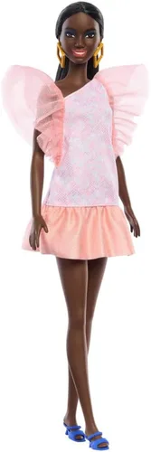 Vista 4 de Muñeca Barbie Fashionistas #216 con cuerpo alto y cabello negro en moño bajo en vestido de fiesta rosa y melocotón, juguete coleccionable del 65