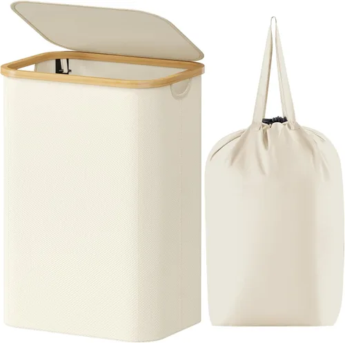 Vista 20 de Lifewit Cesta de lavandería de 80 litros con tapa, cestas de ropa para lavandería con asas de bambú y una bolsa de lavandería extraíble, cesta Beige