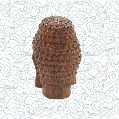 Vista 4 de Estatua de cabeza de Shakyamuni de Buda sonriente meditante, hecha a mano, de madera, anhelada a mano, decoración de buena suerte, regalo